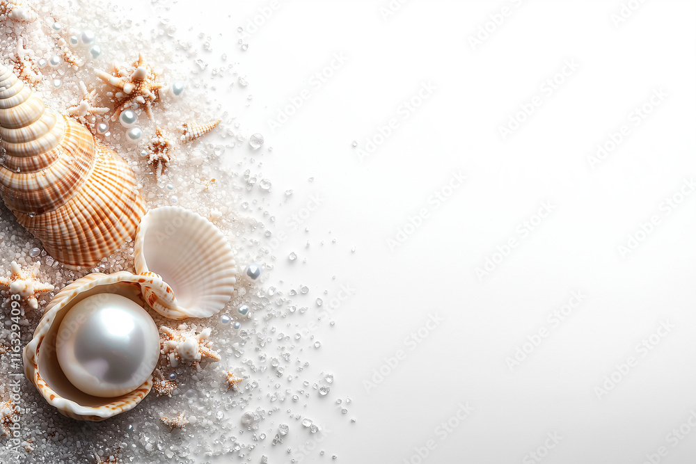 Shells and pearls create a beautiful coastal display on a sandy surface Shells and pearls create a beautiful coastal display on a sandy surface