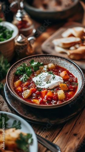 Delicious vegetable stew garnished with creamy sour cream