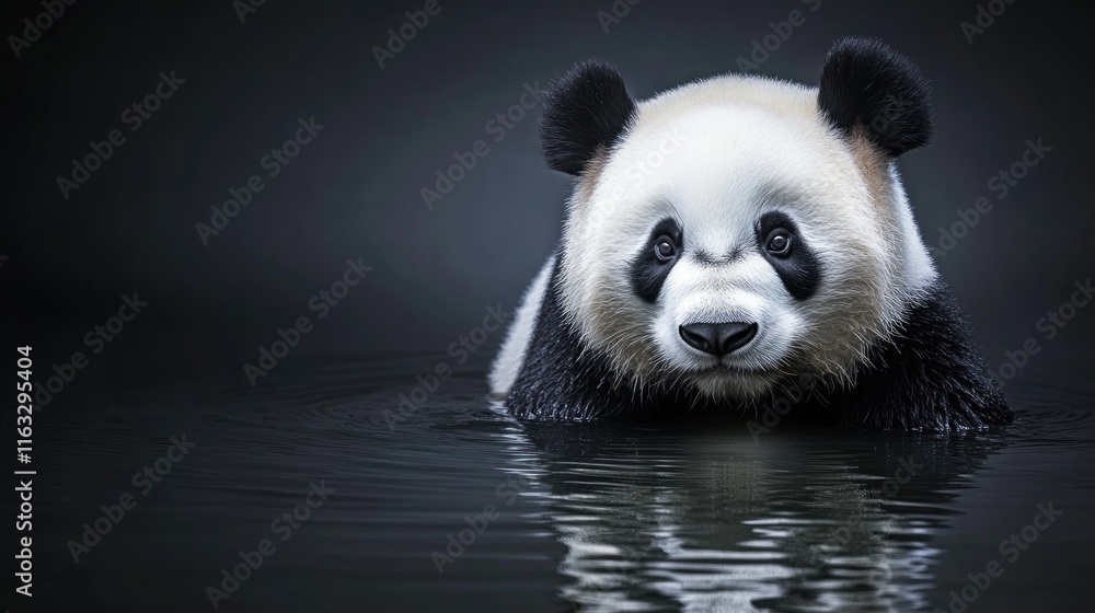 Fototapeta premium A majestic panda with yellow-tinted highlights and soft white fur, floating on calm water under focused studio lights; ripples reflect the dark gray background.
