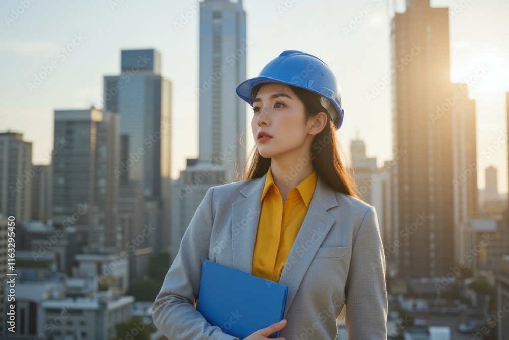Confident Female Architect in Urban Landscape with Safety Helmet Confident Female Architect in Urban Landscape with Safety Helmet