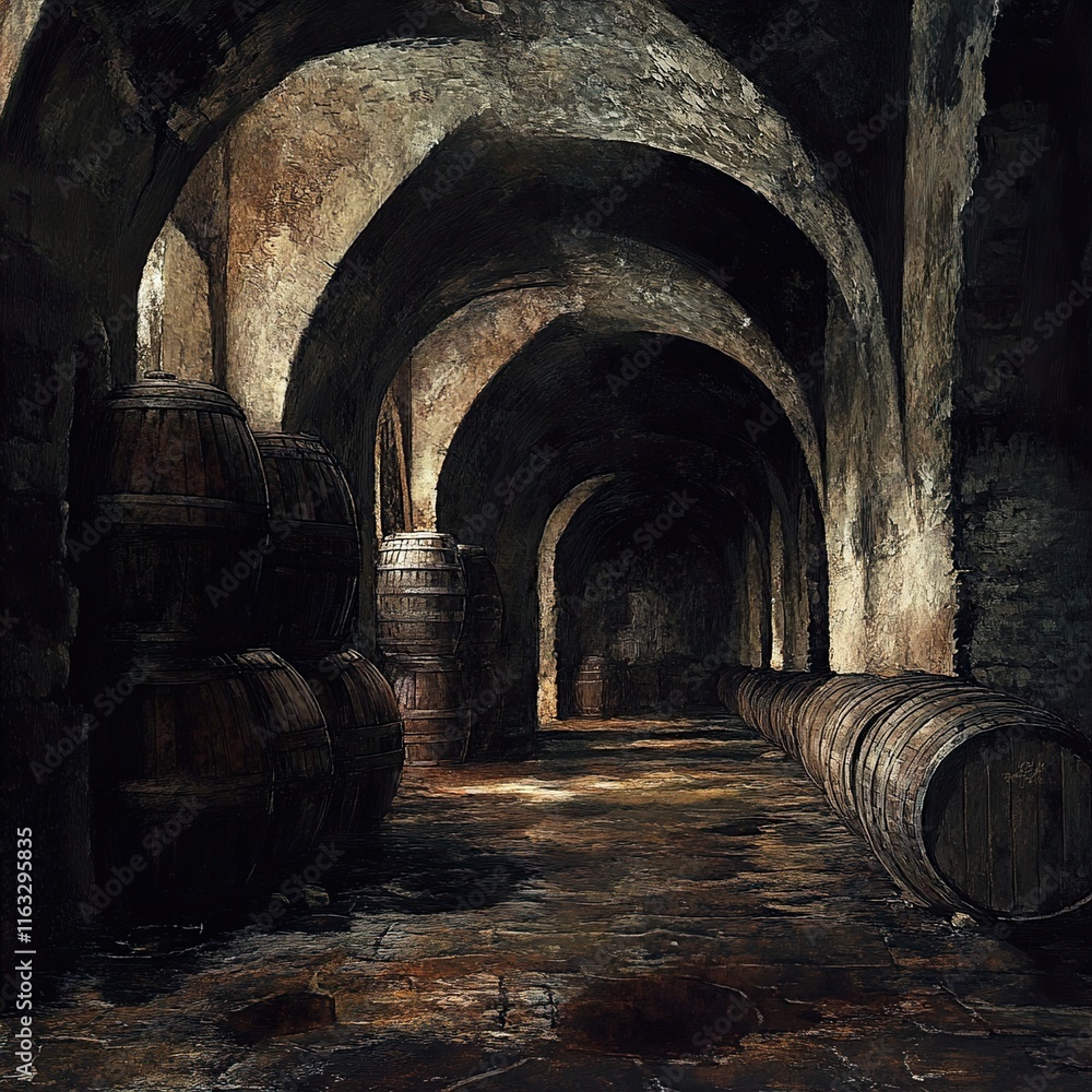 Naklejka premium Dark, Vintage Wine Cellar: Old Barrels in Stone Vaults