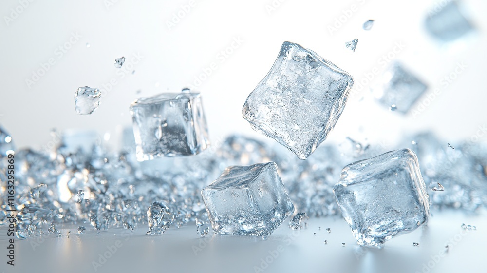 Falling ice cubes isolated on a clean white background, captured with full depth of field showcasing the translucent clarity and frozen textures of each cube. Falling ice cubes isolated on a clean white background, captured with full depth of field showcasing the translucent clarity and frozen textures of each cube.