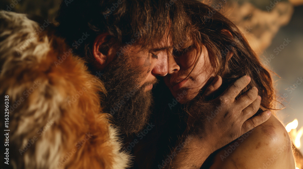 Neanderthal couple embracing in a cave setting. Neanderthal couple embracing in a cave setting.