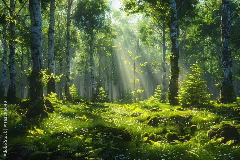 Obraz premium Tranquil Sunlit Forest Clearing with Lush Greenery and Ferns Capturing an Idyllic Serene Woodland Scene in Soft Morning Light Filtering Through Treesforest