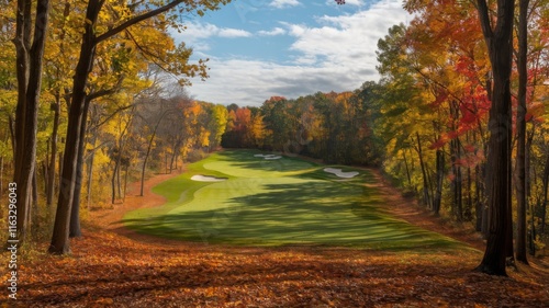 Beautiful golf course surrounded by colorful fall leaves, perfect for autumn golf photo