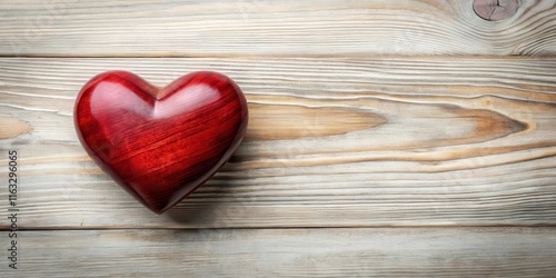 A polished dark red heart rests on a rustic wooden surface photo