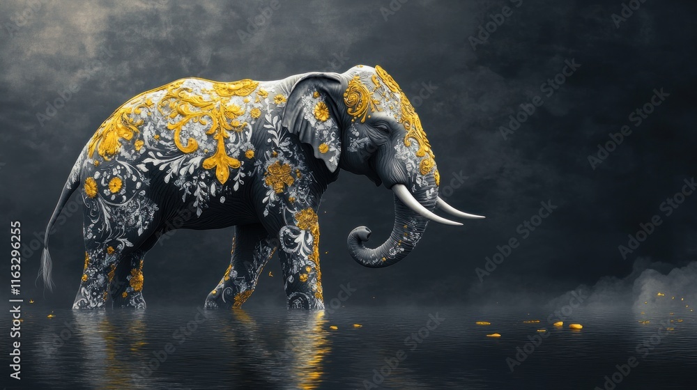 Obraz premium A mythical golden elephant with bright yellow highlights and soft white embellishments, floating on calm water against a dramatic dark grey background.