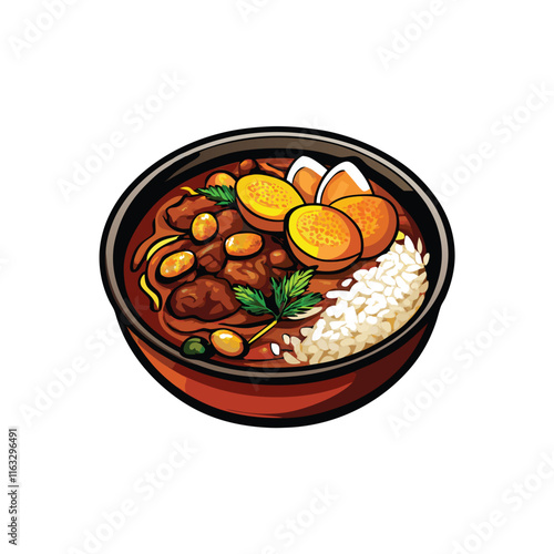 Create a vibrant vector illustration of a steaming bowl of Massaman curry, showcasing tender beef and aromatic spices.  Show the rich, creamy sauce.