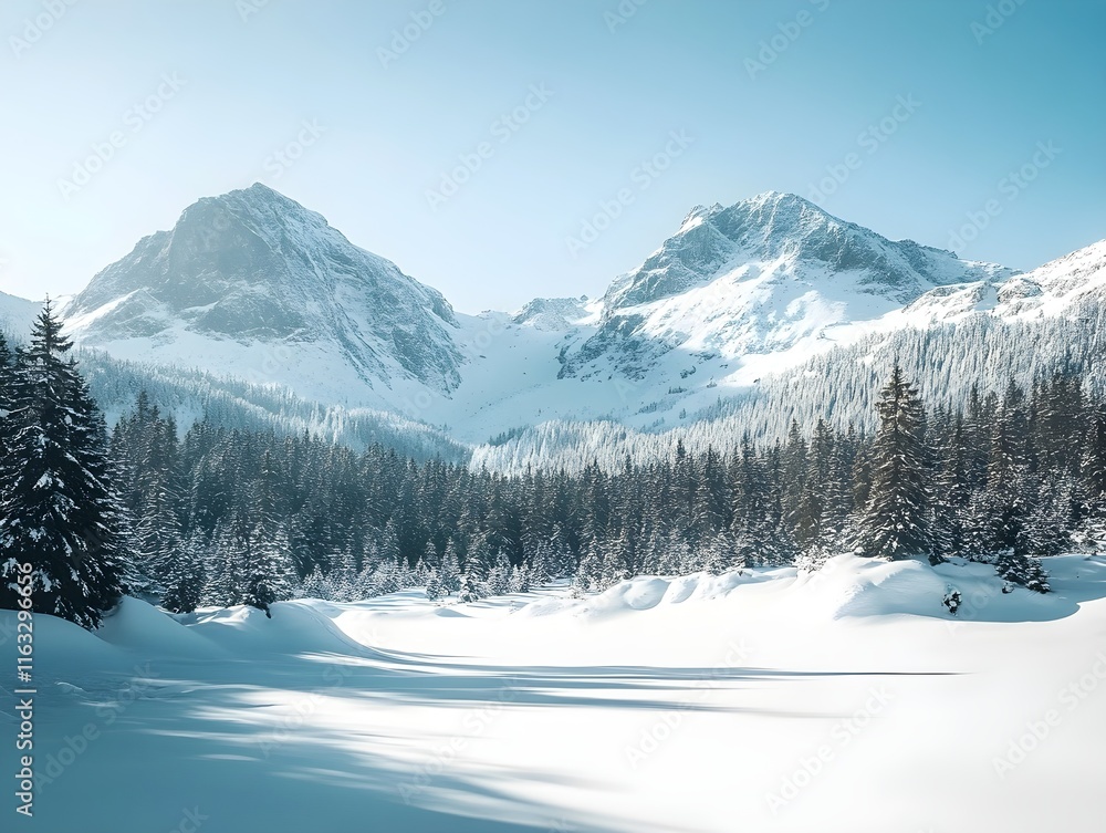 Majestic snow-covered mountains and winter forest landscape Majestic snow-covered mountains and winter forest landscape