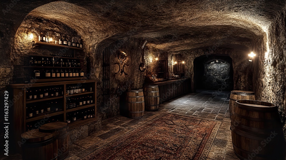 Fototapeta premium A Dark and Mysterious Wine Cellar: Exploring the depths of an ancient wine cave