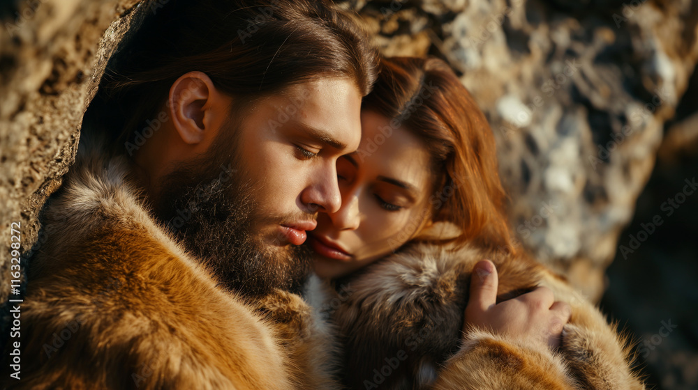 Neanderthal couple embracing by firelight in a cave. Neanderthal couple embracing by firelight in a cave.