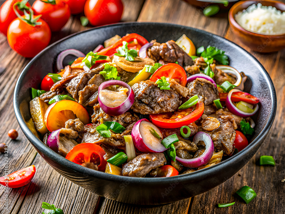 Tasty Beef Stir Fry with Mushrooms, Tomatoes and Onions. Delicious Food background Tasty Beef Stir Fry with Mushrooms, Tomatoes and Onions. Delicious Food background