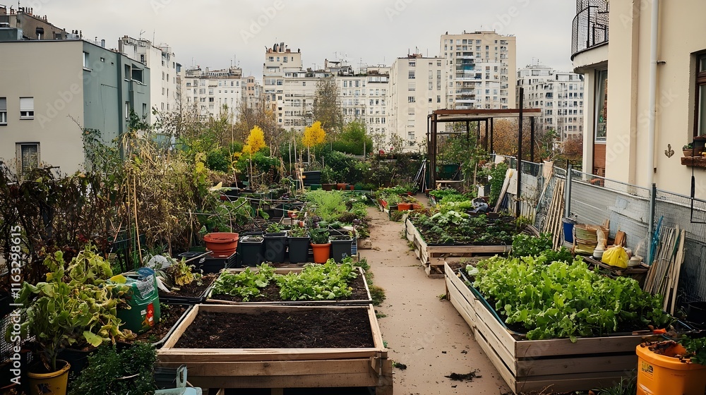 Fototapeta premium Urban Rooftop Garden in Paris: A Thriving Community Garden Amidst City Buildings