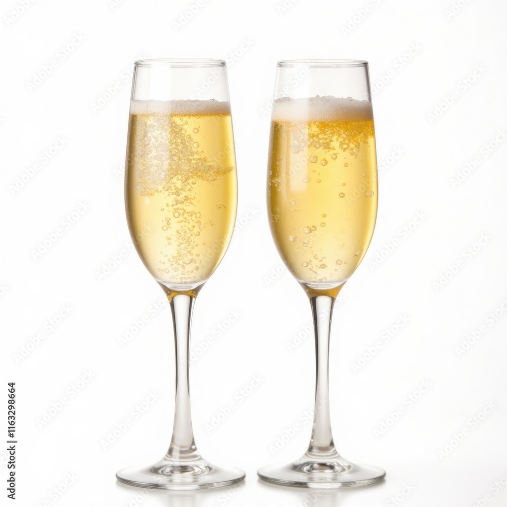 Refreshing Bubbles in Flutes of Sparkling Drink on White Background Refreshing Bubbles in Flutes of Sparkling Drink on White Background