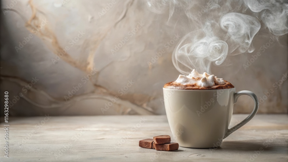 Warm Mug of Steaming Hot Chocolate with Whipped Cream and Chocolate Cubes Warm Mug of Steaming Hot Chocolate with Whipped Cream and Chocolate Cubes