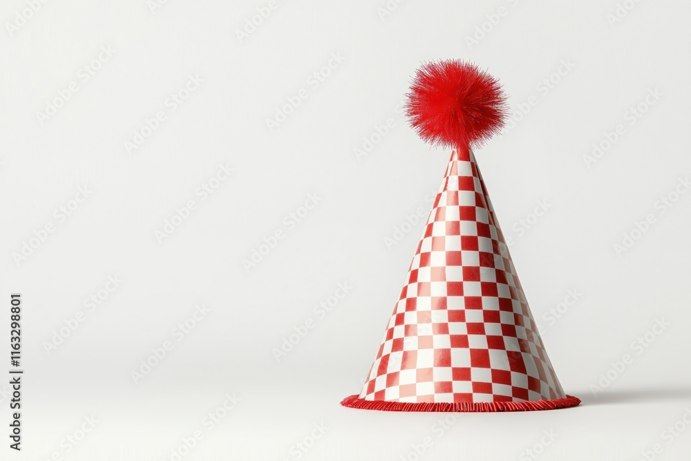Red and white party hat stands on plain white surface. Checkered pattern with red and white squares. Small red pom-pom at the top. Festive party accessory. Red and white party hat stands on plain white surface. Checkered pattern with red and white squares. Small red pom-pom at the top. Festive party accessory.