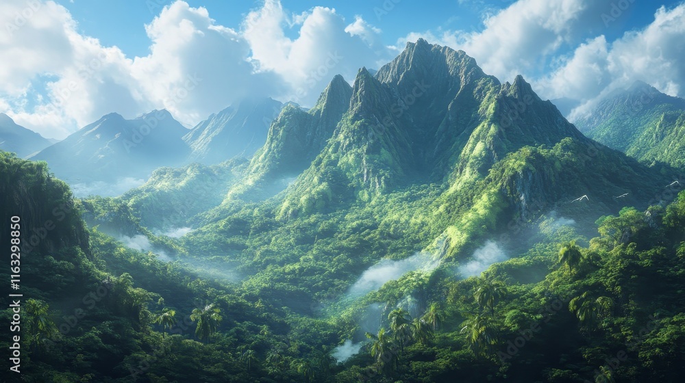 mountain landscape with a dense jungle forest and a blue sky mountain landscape with a dense jungle forest and a blue sky