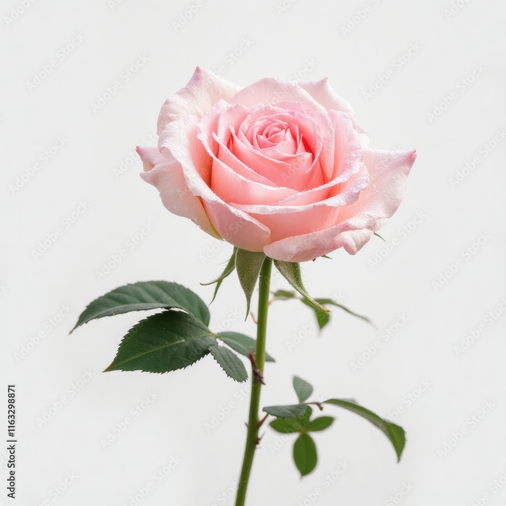 Elegant Pink Rose with Delicate Petals and Green Leaves on White Background Elegant Pink Rose with Delicate Petals and Green Leaves on White Background