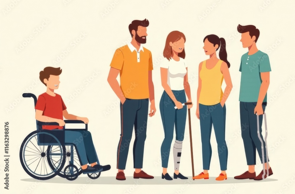 Obraz premium Diverse people with disabilities. Man sitting in a wheelchair, girls with prosthetics and a blind man with a stick, man with crutches. High quality photo
