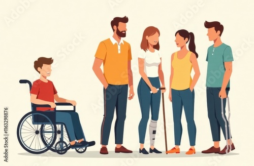 Diverse people with disabilities. Man sitting in a wheelchair, girls with prosthetics and a blind man with a stick, man with crutches. High quality photo