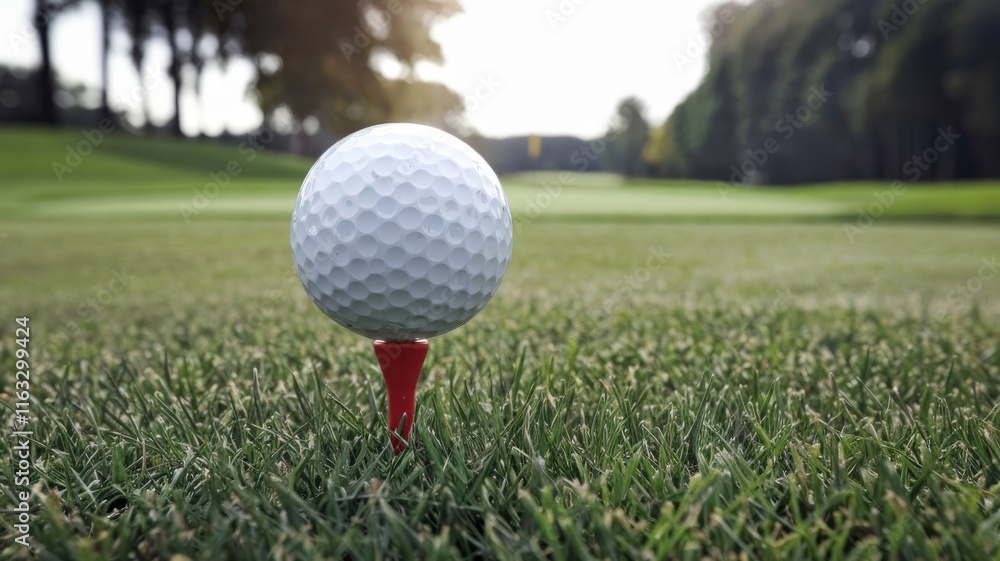 Golf ball balanced on a red tee ready for a swing illustration Golf ball balanced on a red tee ready for a swing illustration