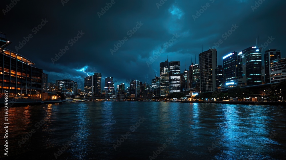 Fototapeta premium A nighttime cityscape reflecting lights on water under a moody sky.