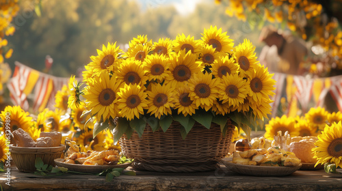 A table with sunflowers, Kansas flags, and traditional dishes stands at a lively festival, representing warmth, culture, and community spirit under the sun. Celebrate Kansas Day photo