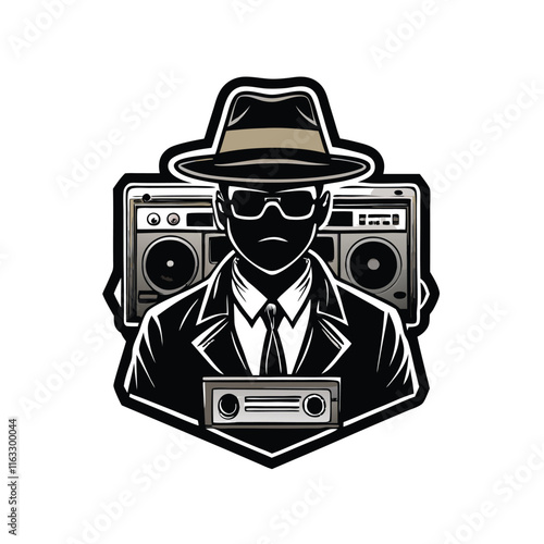 Silhouette of a clandestine special services agent, wiretapping a phone, dark urban background, conveying secrecy and espionage.