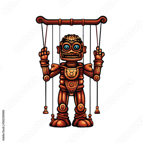 A meticulously crafted wooden marionette doll, showcasing intricate string mechanisms and a jovial expression.  Focus on the detailed craftsmanship.