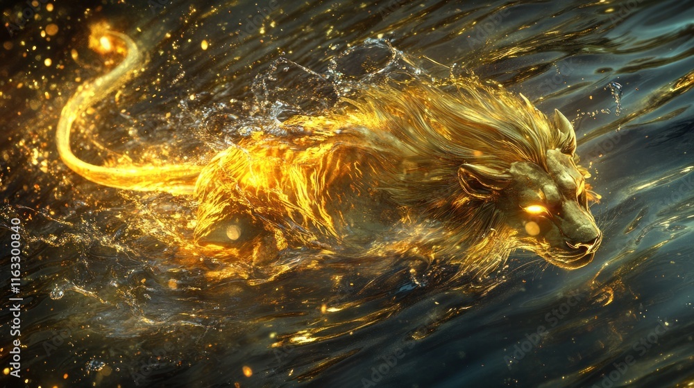 A sleek golden lion with a glowing yellow tail and textured gold fur, floating amidst rippling water; reflections and splashes create a dynamic effect. A sleek golden lion with a glowing yellow tail and textured gold fur, floating amidst rippling water; reflections and splashes create a dynamic effect.