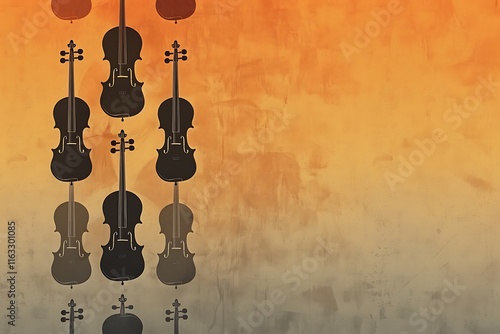 A vertical row of black cello silhouettes hangs against a textured orangebrown wall. The image evokes a musical theme with its artistic style. photo