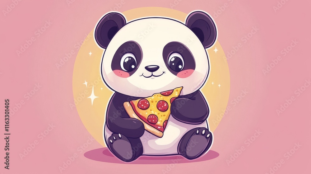 style illustration of an adorable panda enjoying a slice of pizza in a cheerful cartoon design. Pastel pink background. style illustration of an adorable panda enjoying a slice of pizza in a cheerful cartoon design. Pastel pink background.