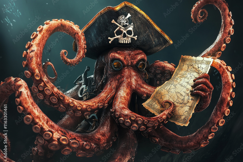 The image depicts a fantastical scene with an octopus wearing a pirate hat and goggles, holding a treasure map
