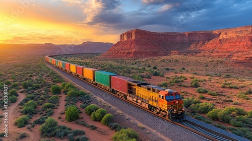 A freight train travels through a desert landscape at sunset, showcasing vibrant colors.