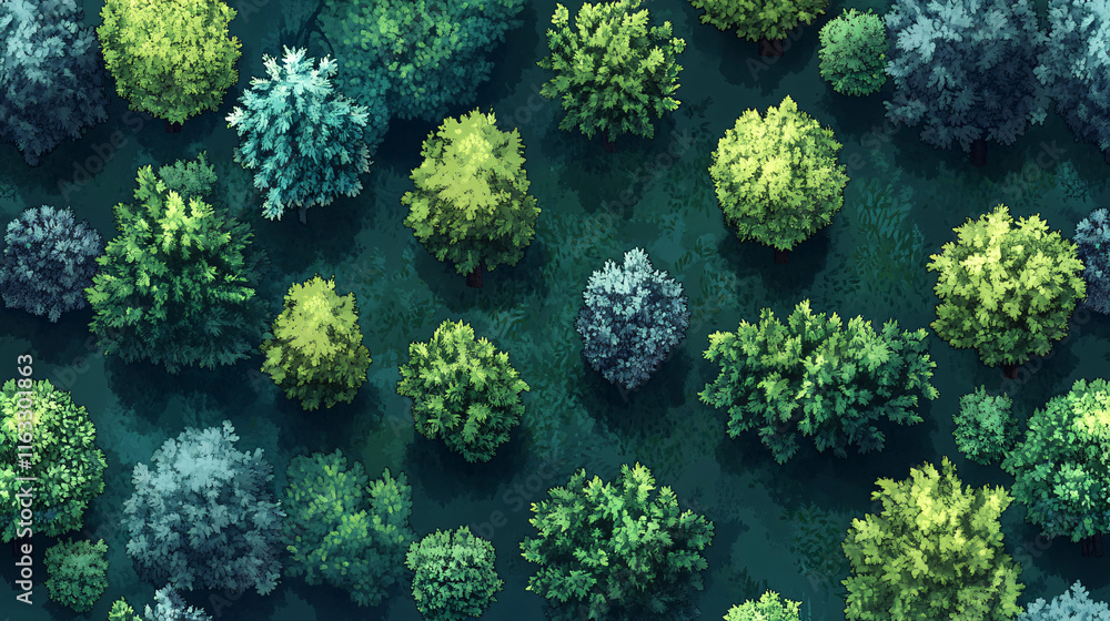 Obraz premium A top-view of a dark green forest with various trees forming a dense, natural canopy.