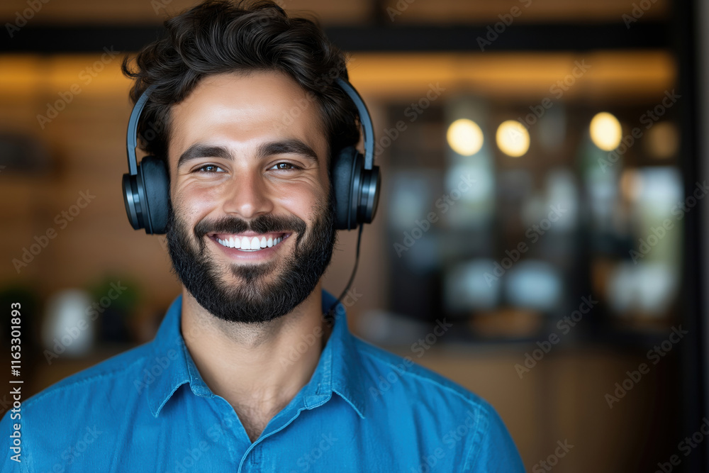 Smiling man with headphones enjoying music in a modern workspace Smiling man with headphones enjoying music in a modern workspace
