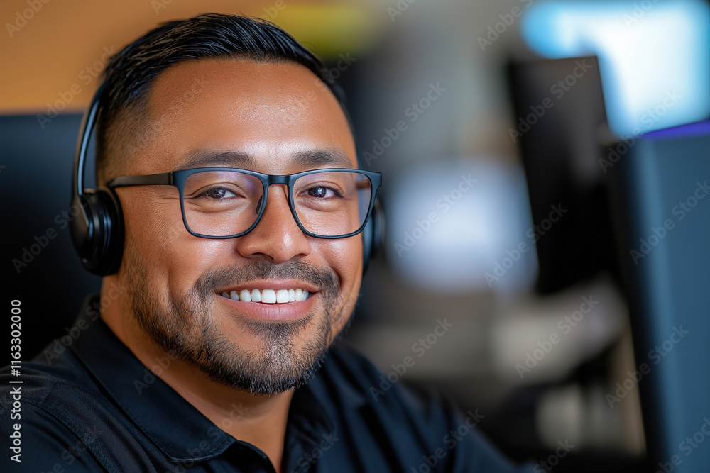 Customer service representative working with headset in a modern office environment Customer service representative working with headset in a modern office environment