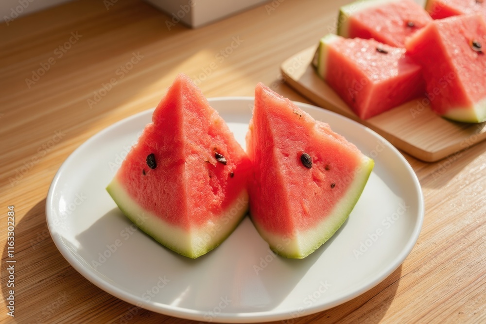 Sliced Watermelon on a Plate with Natural Sunlight Reflection Sliced Watermelon on a Plate with Natural Sunlight Reflection
