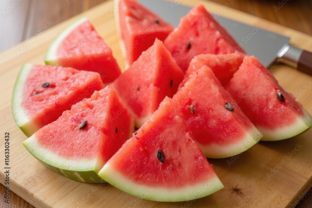 Fresh Watermelon Slices on Wooden Board with Kitchen Knife Fresh Watermelon Slices on Wooden Board with Kitchen Knife