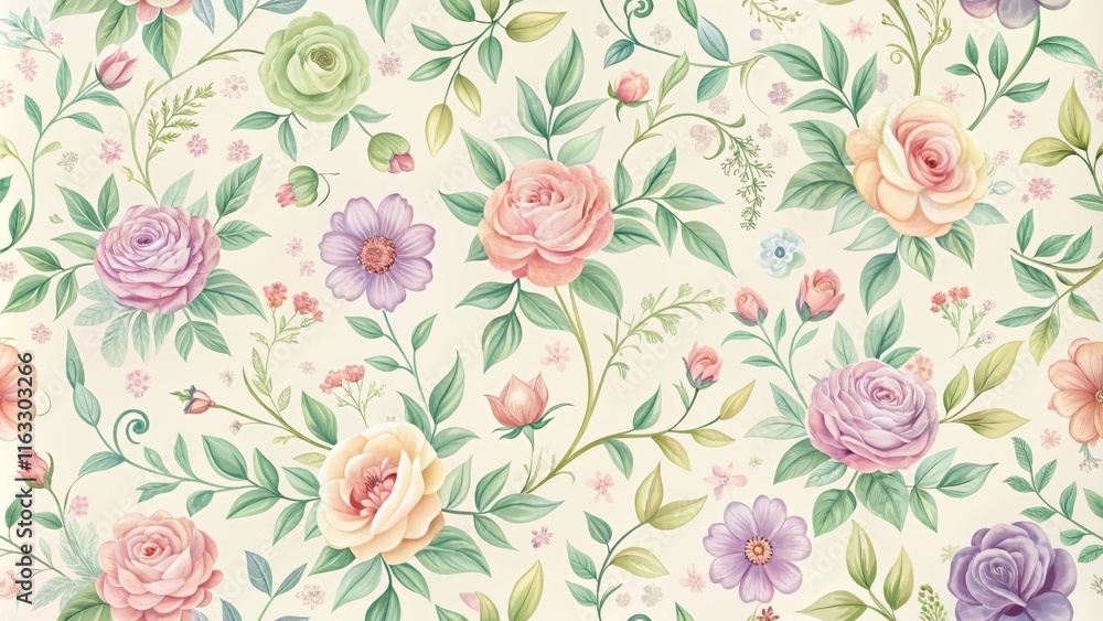 Fototapeta Delicate Watercolor Floral Pattern Featuring Roses and Other Blossoms in Pastel Hues
