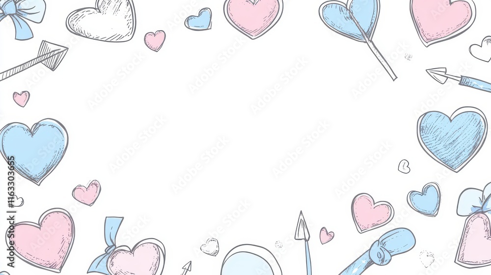 Lovely Pastel Hearts Frame: A charming hand-drawn illustration featuring a delightful arrangement of pastel hearts, bows, arrows, and lollipops forming a beautiful frame. Lovely Pastel Hearts Frame: A charming hand-drawn illustration featuring a delightful arrangement of pastel hearts, bows, arrows, and lollipops forming a beautiful frame.