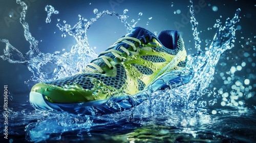 Designer sports shoe with vibrant green and blue patterns, surrounded by dynamic water splashes under soft yet focused lighting. photo