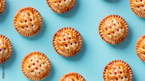 Top View of Small Round Applet Pies with Lattice Crusts on a Bright Blue Background, Perfect for Dessert Menus and Baking Inspiration