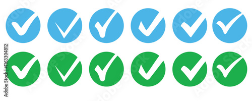 Verified badge icon tick symbol vector approved check mark icon. Illustration of green checkmark, ok button, achievement badge, right answer, approval, confirm.