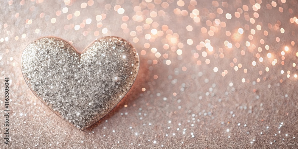 Fototapeta premium Sparkling Glitter Heart on Shimmering Background with Festive Lights