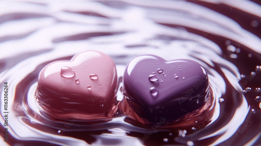 High-end chocolates shaped like hearts, one in a pastel pink coating and the other in deep purple, resting amidst ripples and animated droplets. High-end chocolates shaped like hearts, one in a pastel pink coating and the other in deep purple, resting amidst ripples and animated droplets.