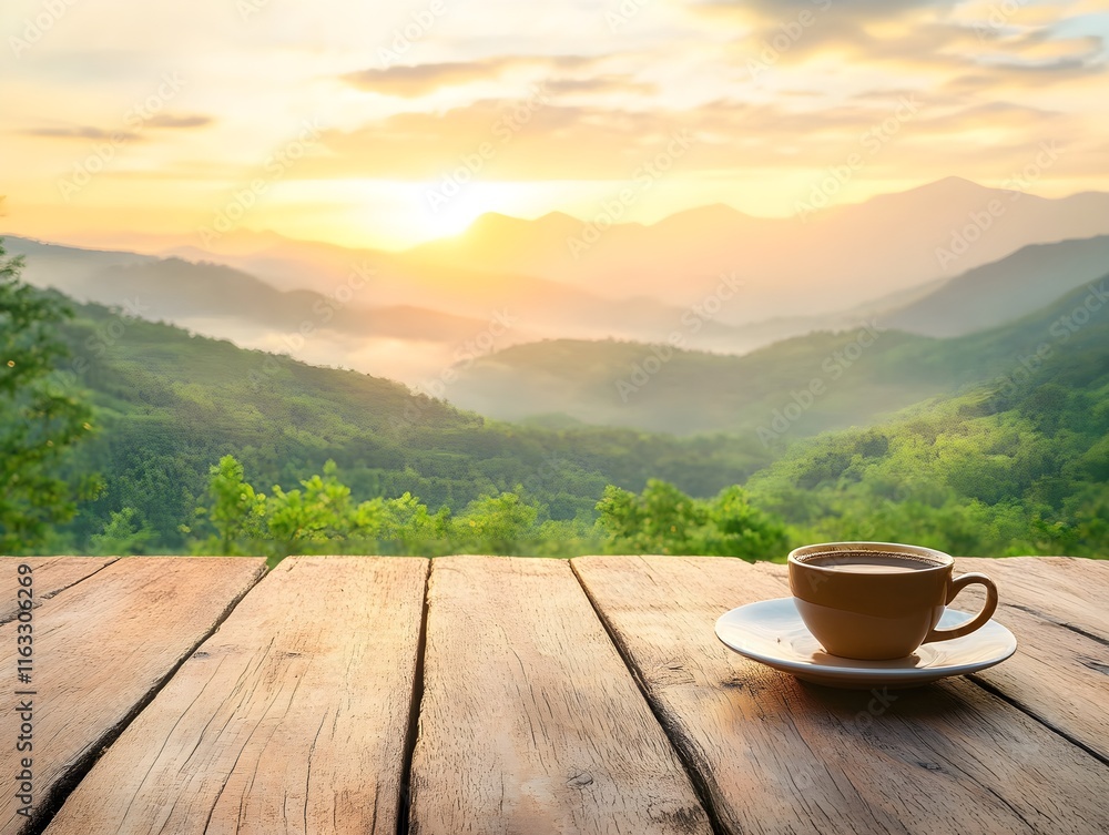 Coffee at Sunrise Over Mountain Landscape Coffee at Sunrise Over Mountain Landscape