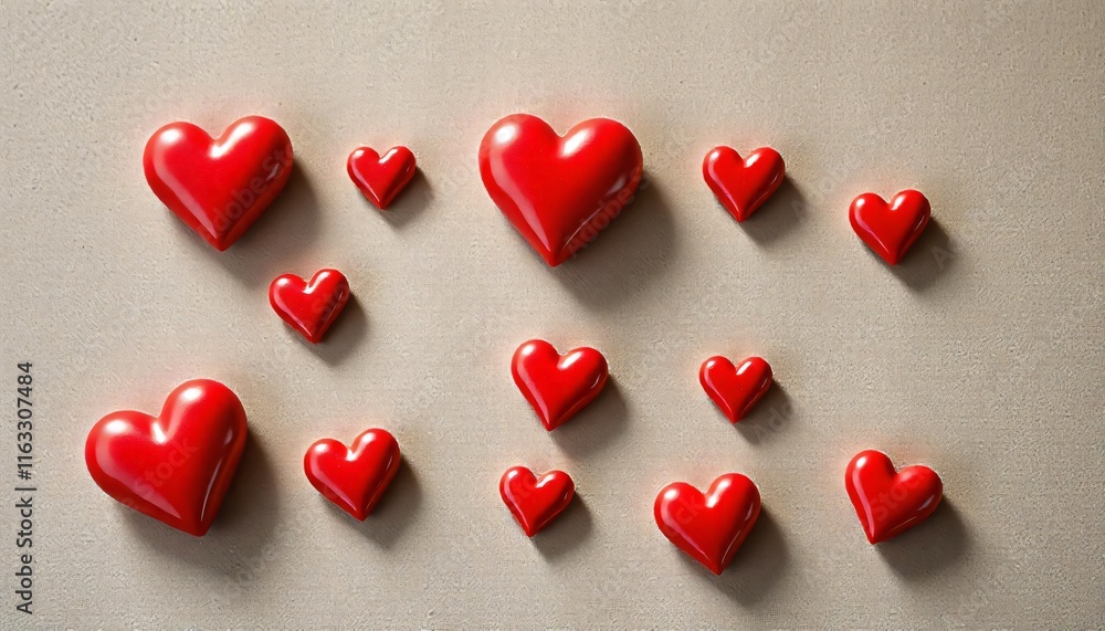 Romantic Red Hearts Scattered on Beige Background Love Valentine s Day Romantic Red Hearts Scattered on Beige Background Love Valentine s Day