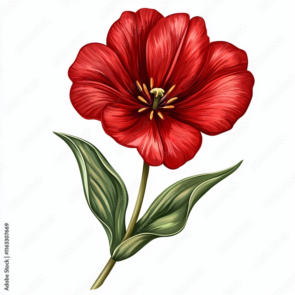 Naklejka premium Vivid Red Tulip Flower Botanical Illustration Spring Bloom Floral Design Element