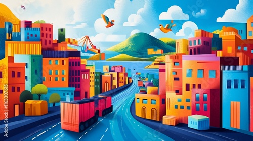 Colorful cityscape with cargo truck, harbor, and birds flying over a vibrant urban landscape. photo